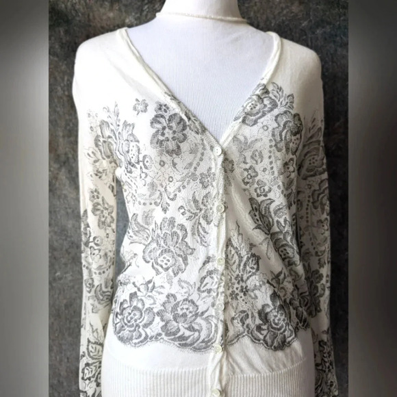 Ivory Floral Lightweight Merino Wool Cardigan - Picture 3 of 7